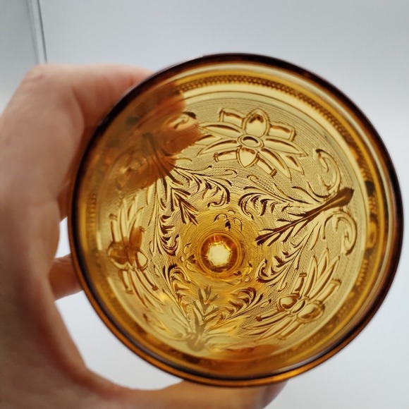 Vintage Indiana Glass Amber Sandwich Pattern Footed Water Goblets 6" Set of 2 - Picture 5 of 9